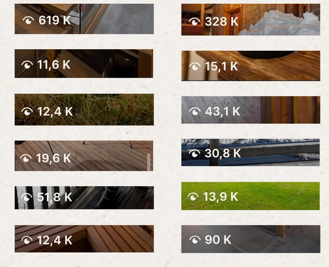 Vues de douze vidéos Instagram, de 11,6 K à 619 K vues.