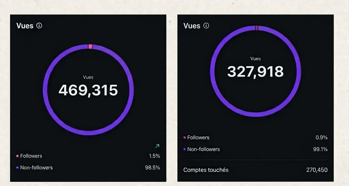 Statistiques Instagram : 469 315 vues, dont 1,5 % de followers et 98,5 % de non-followers, puis 327 918 vues, dont 0,9 % de followers et 99,1 % de non-followers, pour 270 450 comptes touchés.