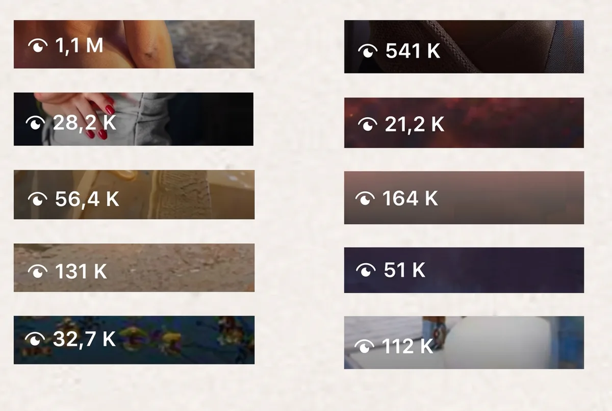 Vues de dix vidéos Instagram, de 21,2 K à 1,1 M de vues.