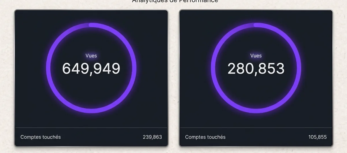 Statistiques Instagram : 649 949 vues pour 239 863 comptes touchés, puis 280 853 vues pour 105 855 comptes touchés.
